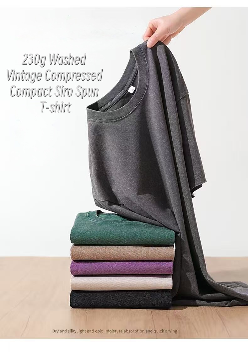 230G Washed Vintage Men's Short-Sleeve T-Shirt American Streetwear Snow Wash Oversized Drop Shoulder#LS001